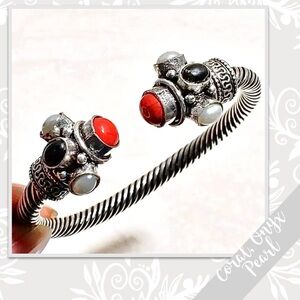 Coral, Onyx, Pearl Eclectic Silver Artisan Cuff Bangle, Adjustable (Red, Black)